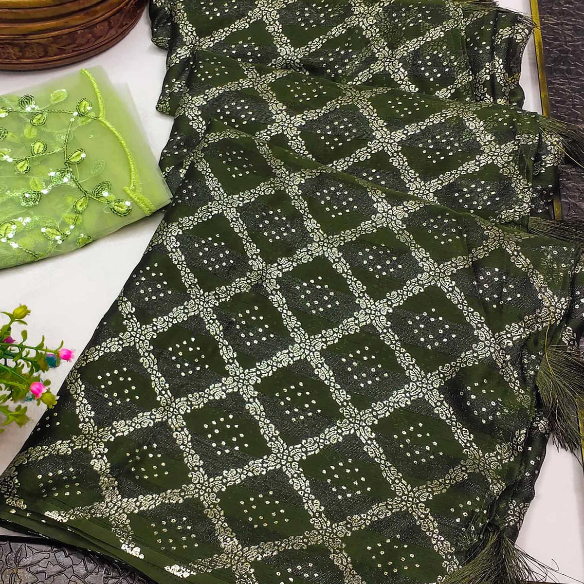 Mehendi Green Foil Printed Chiffon Saree