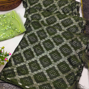 Mehendi Green Foil Printed Chiffon Saree