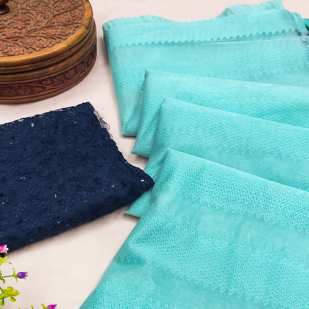Sea Blue Woven Net Saree With Tassels