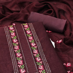 Brown Embroidered Vichitra Silk Dress Material