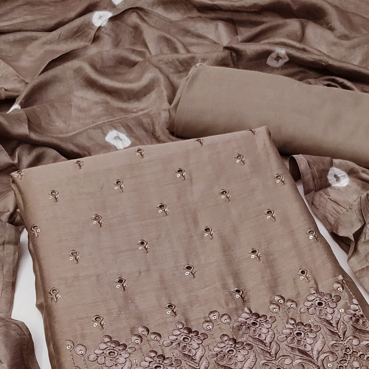 Brown Embroidered Cotton Blend Dress Material