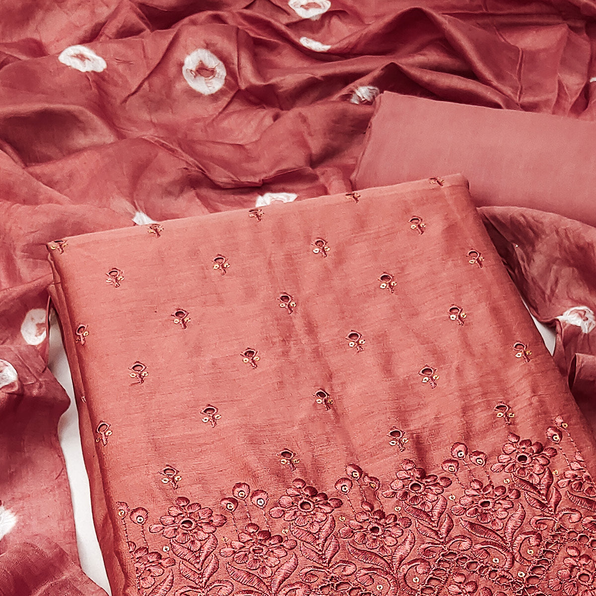 Peach Embroidered Cotton Blend Dress Material