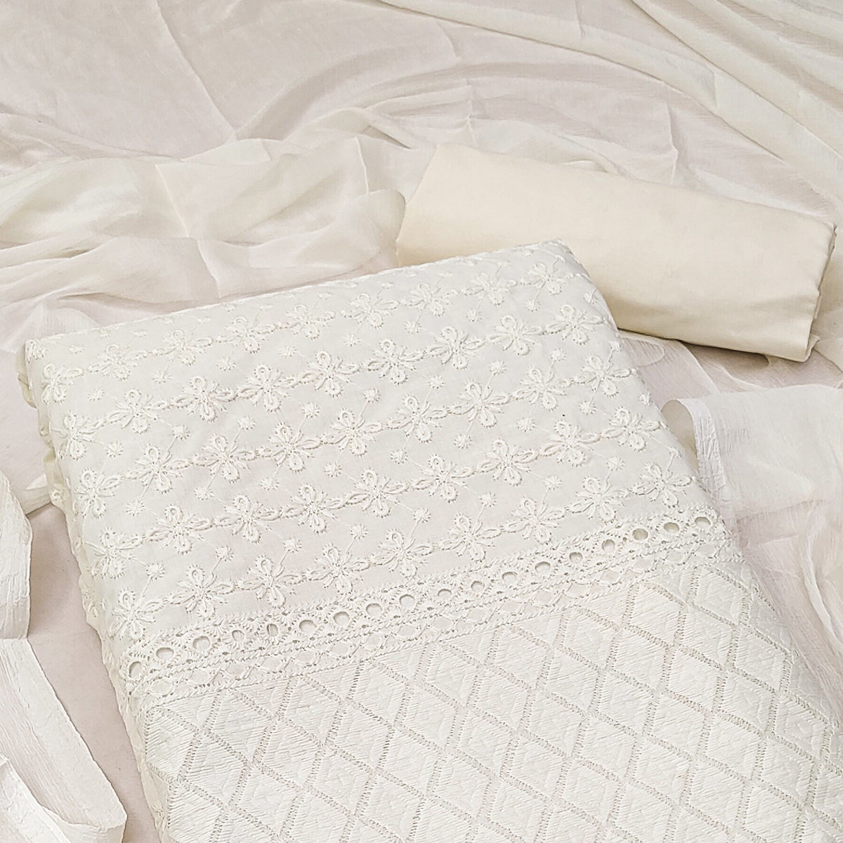 Off White Lucknowi Embroidered Pure Cotton Dress Material