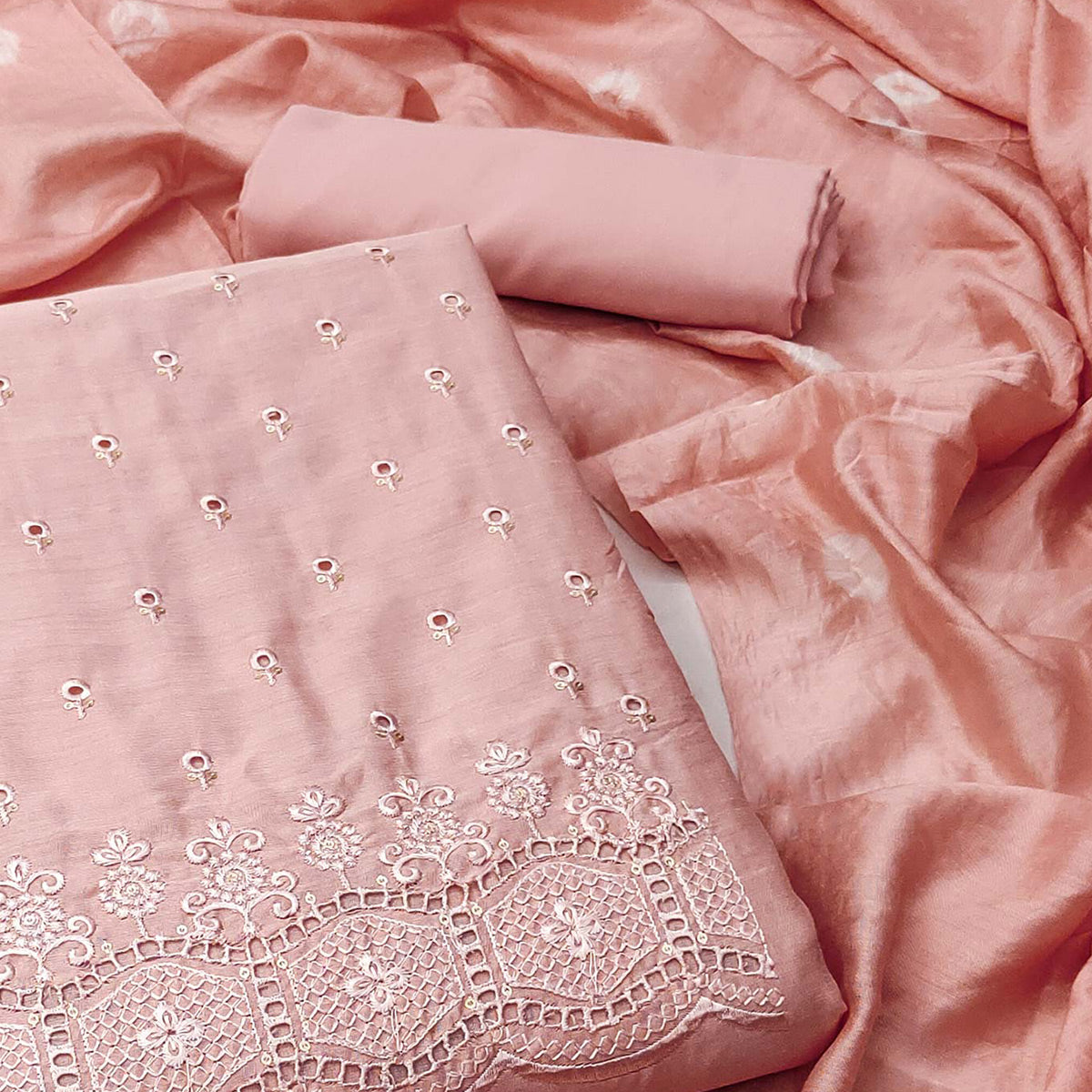 Peach Embroidered Cotton Blend Dress Material