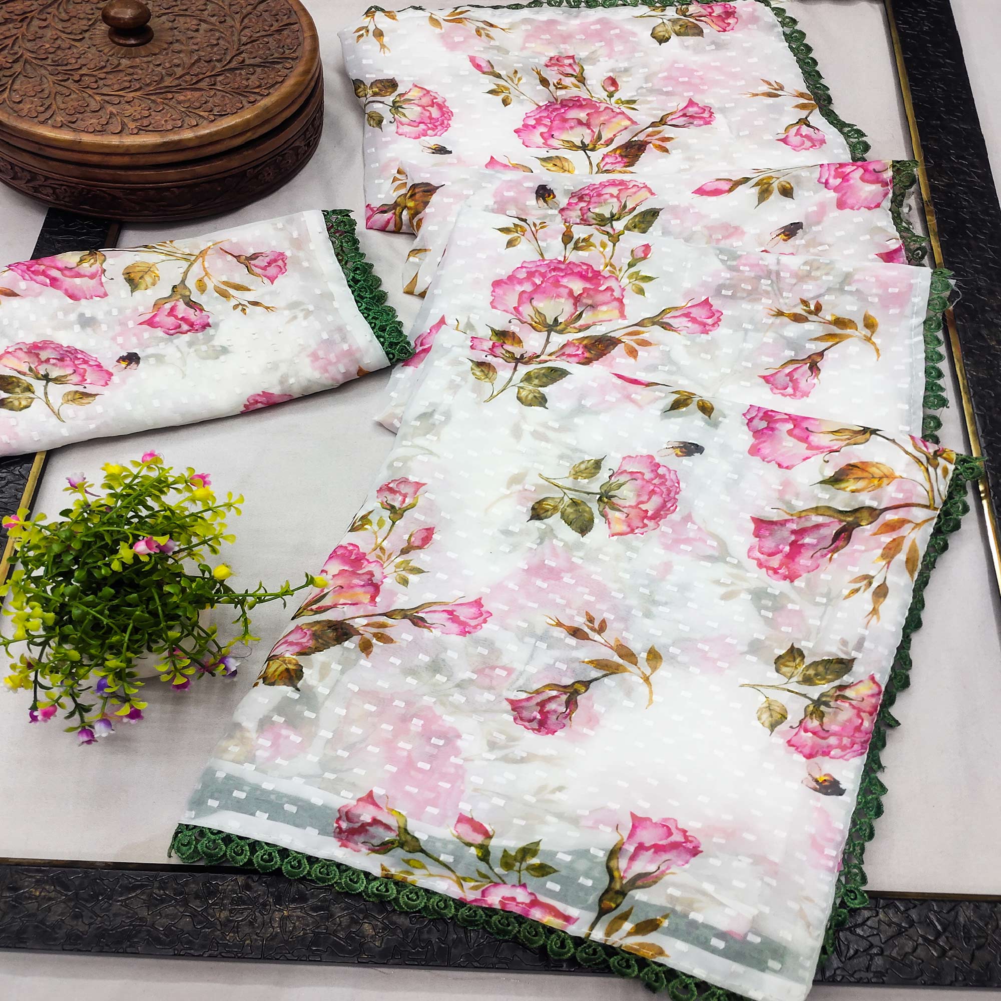 White Floral Printed Georgette Saree