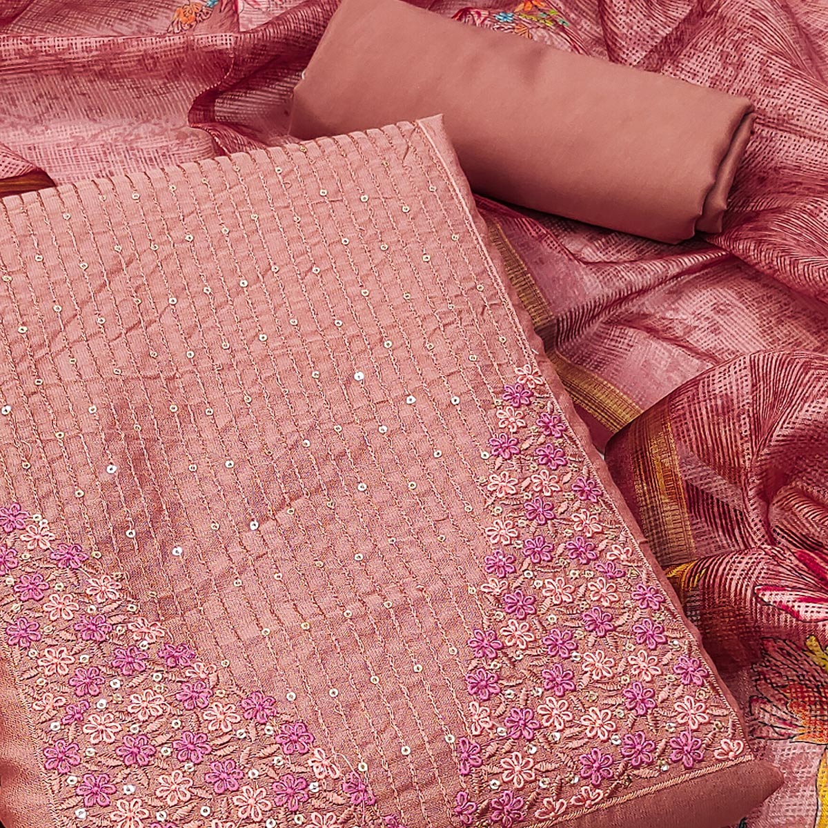 Peach Floral Embroidered Pure Cotton Dress Material