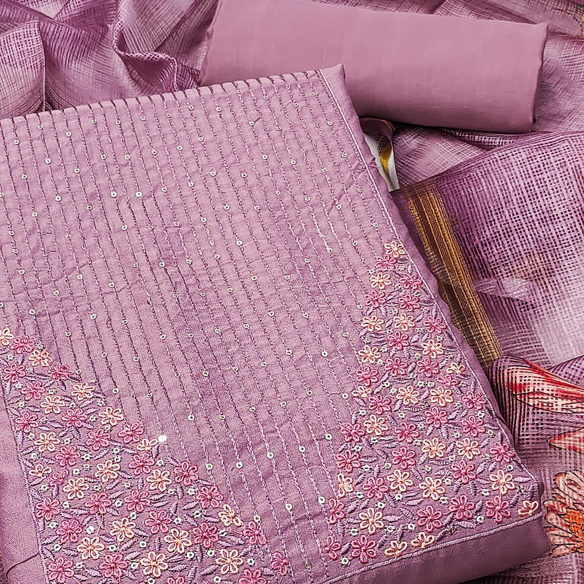 Purple Floral Embroidered Pure Cotton Dress Material
