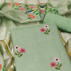Green Floral Embroidered Kota Doria Dress Material
