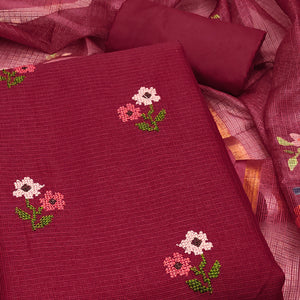 Unstitched Maroon Suit Set in Soft Kota Doria Adorned with Floral Embroidery