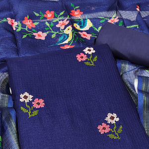 Navy Blue Floral Embroidered Kota Doria Dress Material
