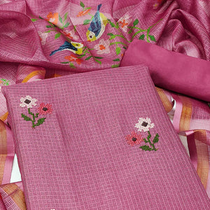 Onion Pink Floral Embroidered Kota Doria Dress Material