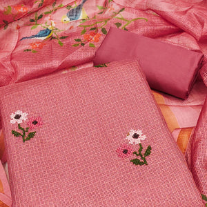 Peach Floral Embroidered Kota Doria Dress Material