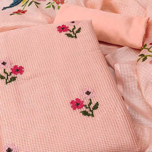 Peach Floral Embroidered Kota Doria Dress Material