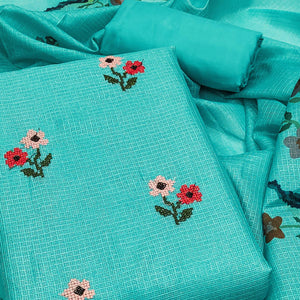 Unstitched Turquoise Suit Set in Soft Kota Doria Adorned with Floral Embroidery