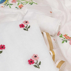 White Floral Embroidered Kota Doria Dress Material