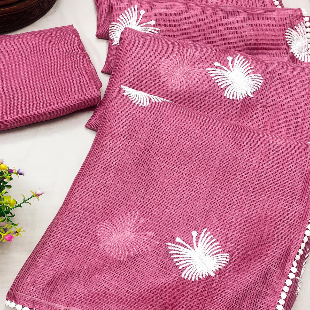 Pink Embroidered Kota Doria Saree