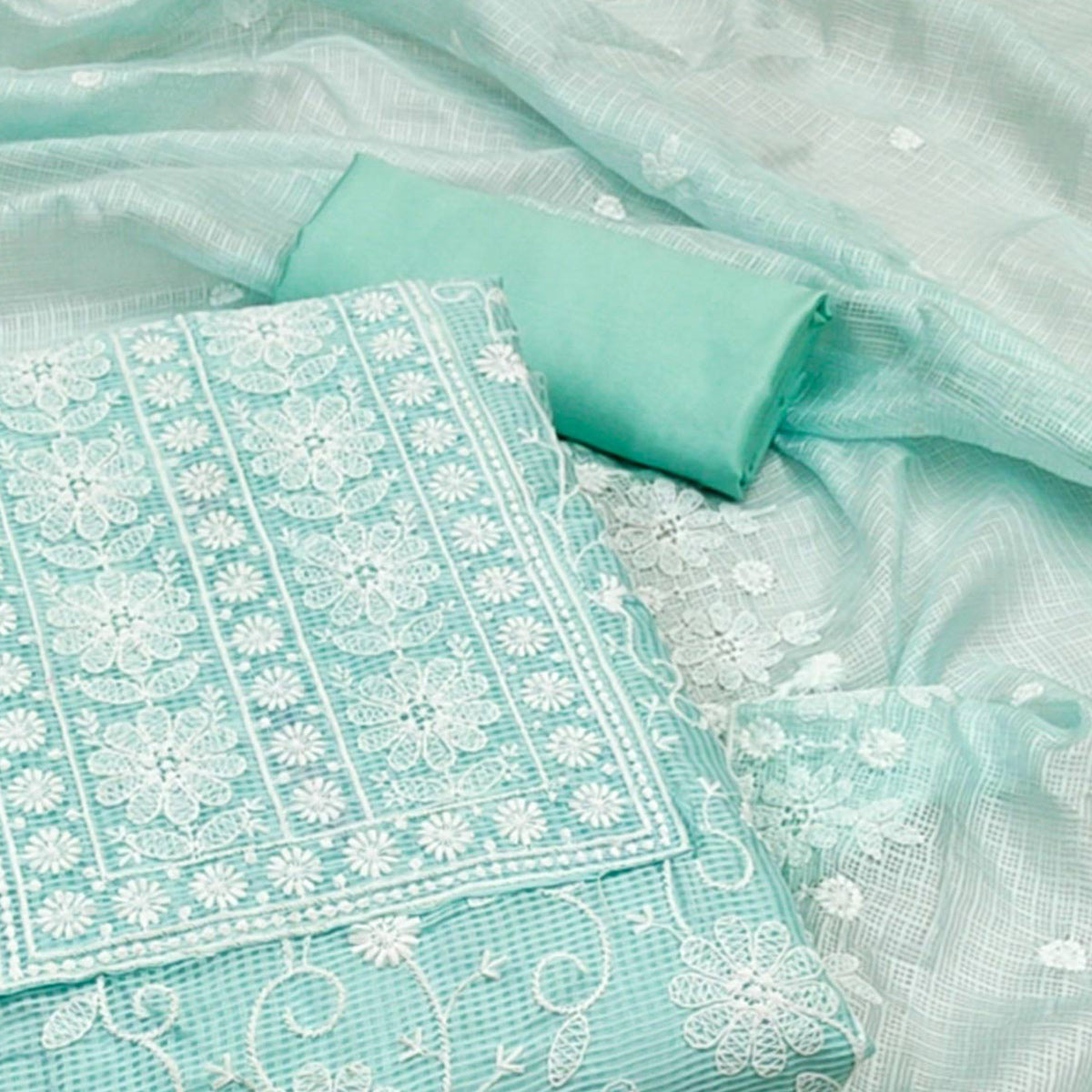 Sea Green Floral Embroidered Kota Doria Dress Material