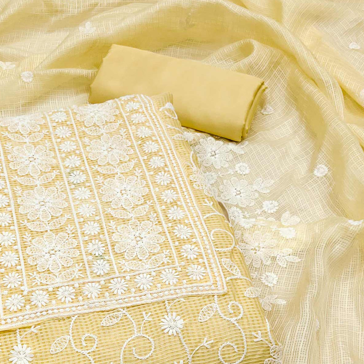 Yellow Floral Embroidered Kota Doria Dress Material