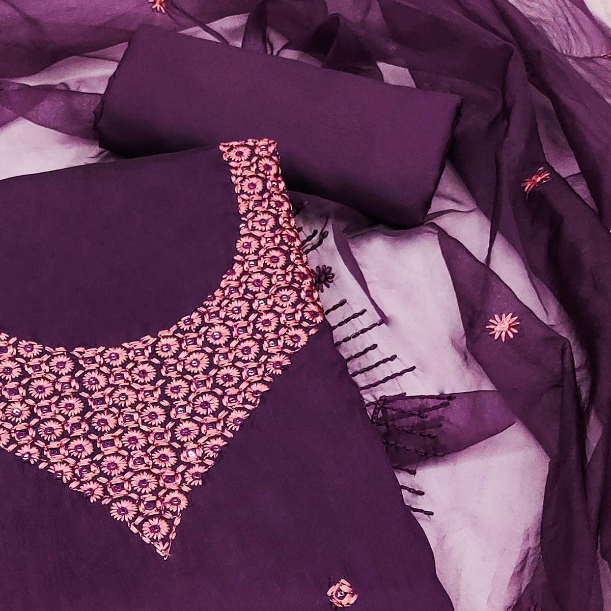 Purple Floral Embroidered Art Silk Dress Material