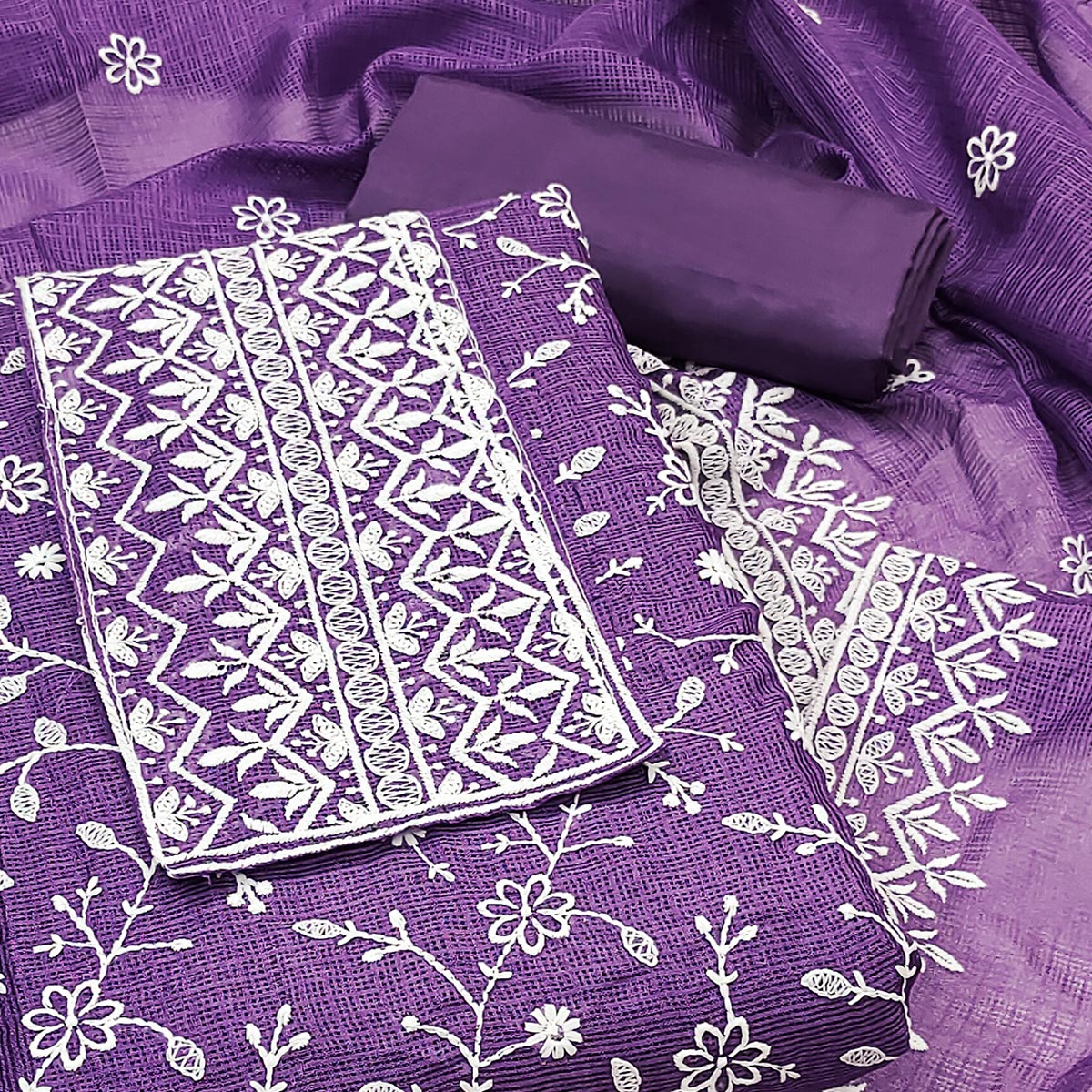 Lavender Floral Embroidered Kota Doria Dress Material