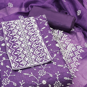 Lavender Floral Embroidered Kota Doria Dress Material
