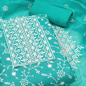 Turquoise Floral Embroidered Kota Doria Dress Material
