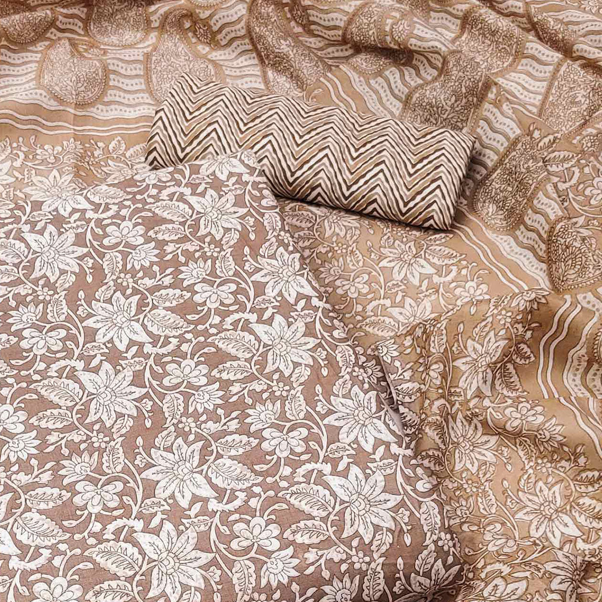 Brown Floral Printed Pure Cotton Dress Material