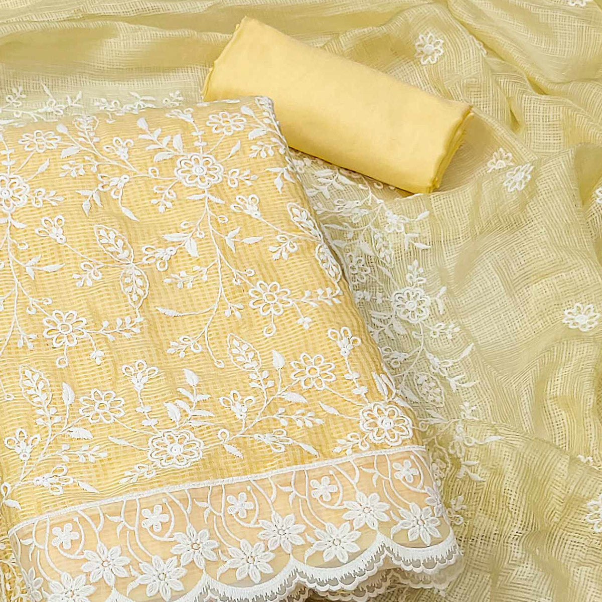Yellow Floral Embroidered Kota Doria Dress Material