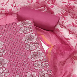 Pink Floral Embroidered Kota Doria Dress Material