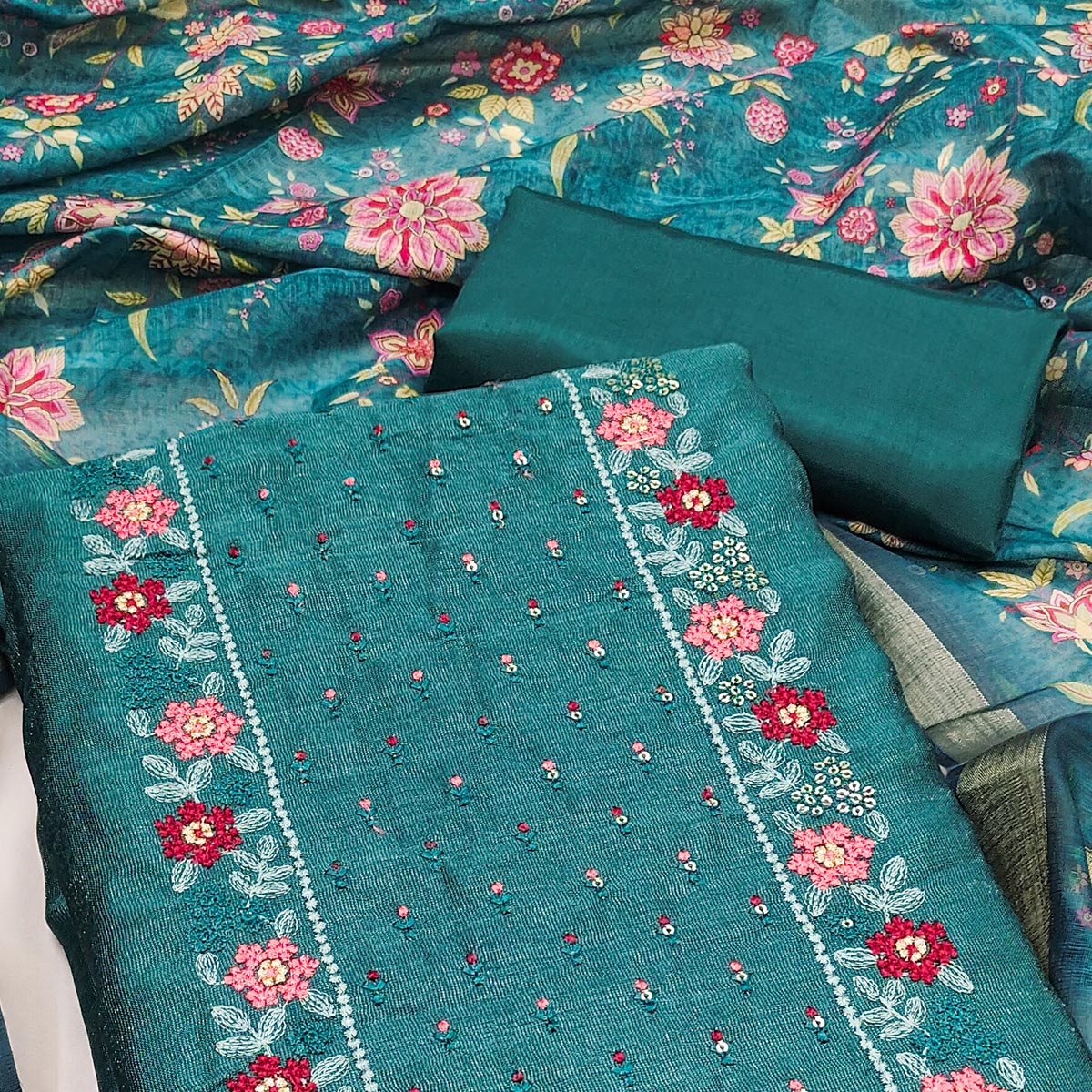 Teal Embroidered Vichitra Silk Dress Material