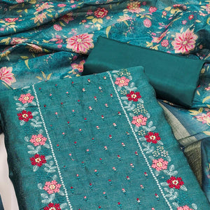 Teal Embroidered Vichitra Silk Dress Material