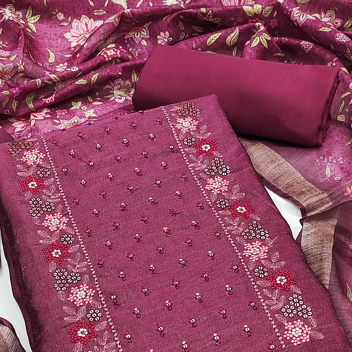 Wine Embroidered Vichitra Silk Dress Material