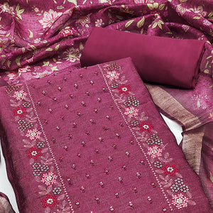 Wine Embroidered Vichitra Silk Dress Material