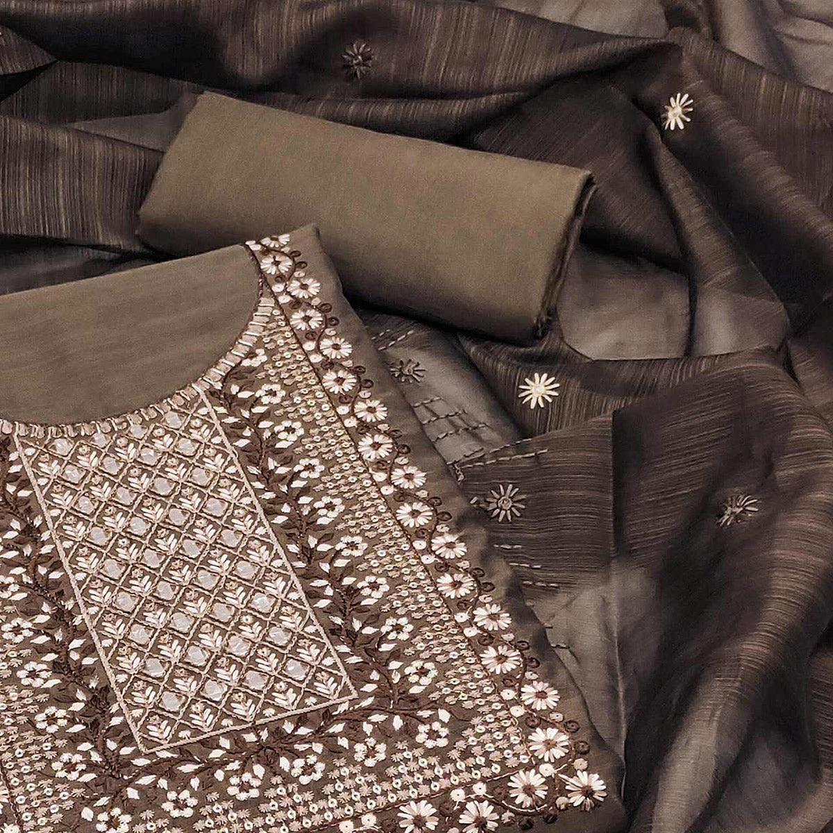 Brown Floral Embroidered Cotton Blend Dress Material