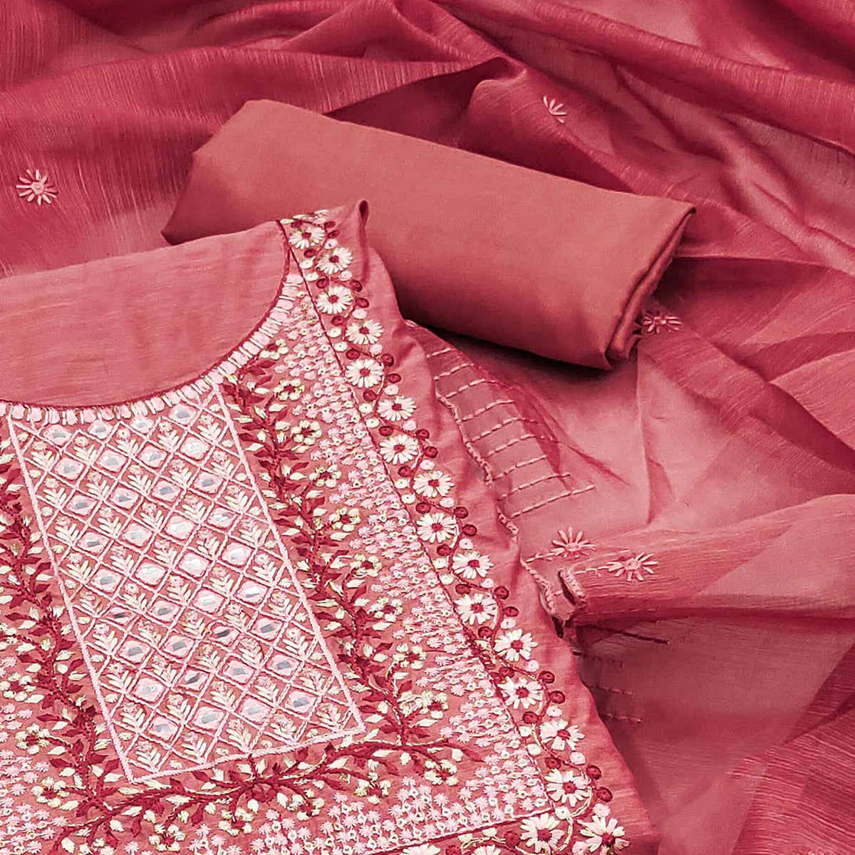Red Floral Embroidered Cotton Blend Dress Material