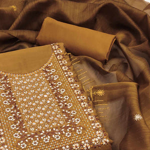 Yellow Ocre Floral Embroidered Cotton Blend Dress Material