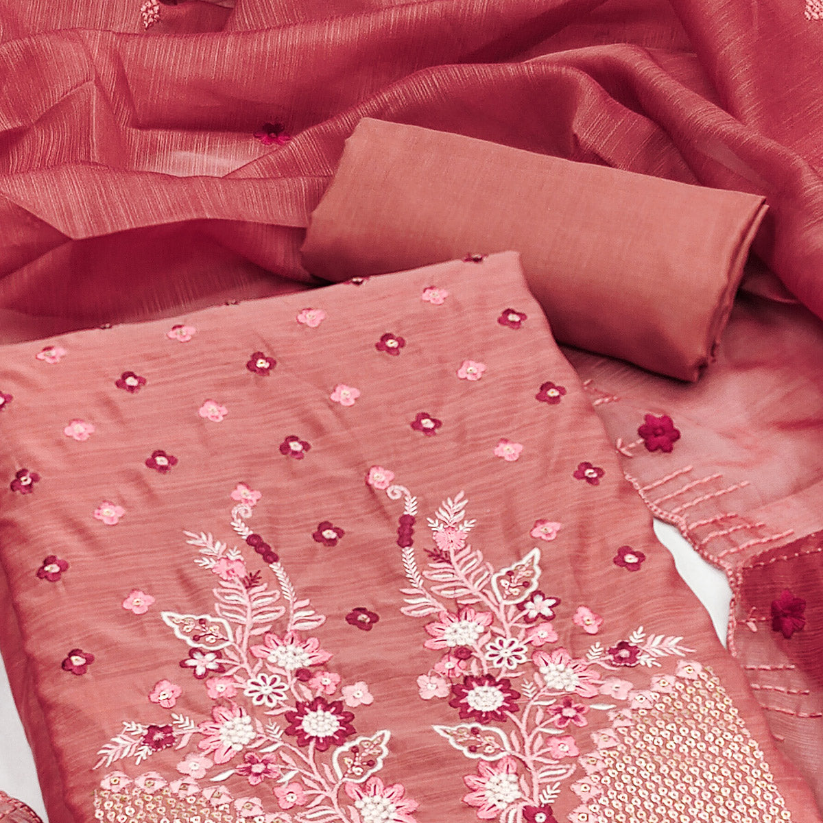 Red Floral Embroidered Cotton Blend Dress Material