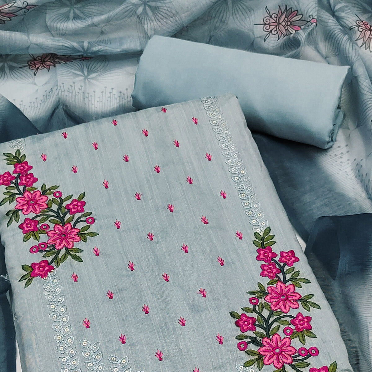 Bluyish Grey Floral Embroidered Cotton Blend Dress Material