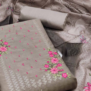 Brown Floral Embroidered Cotton Blend Dress Material