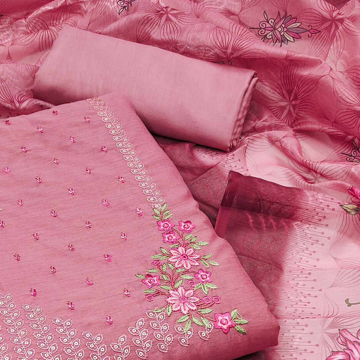 Pink Floral Embroidered Cotton Blend Dress Material