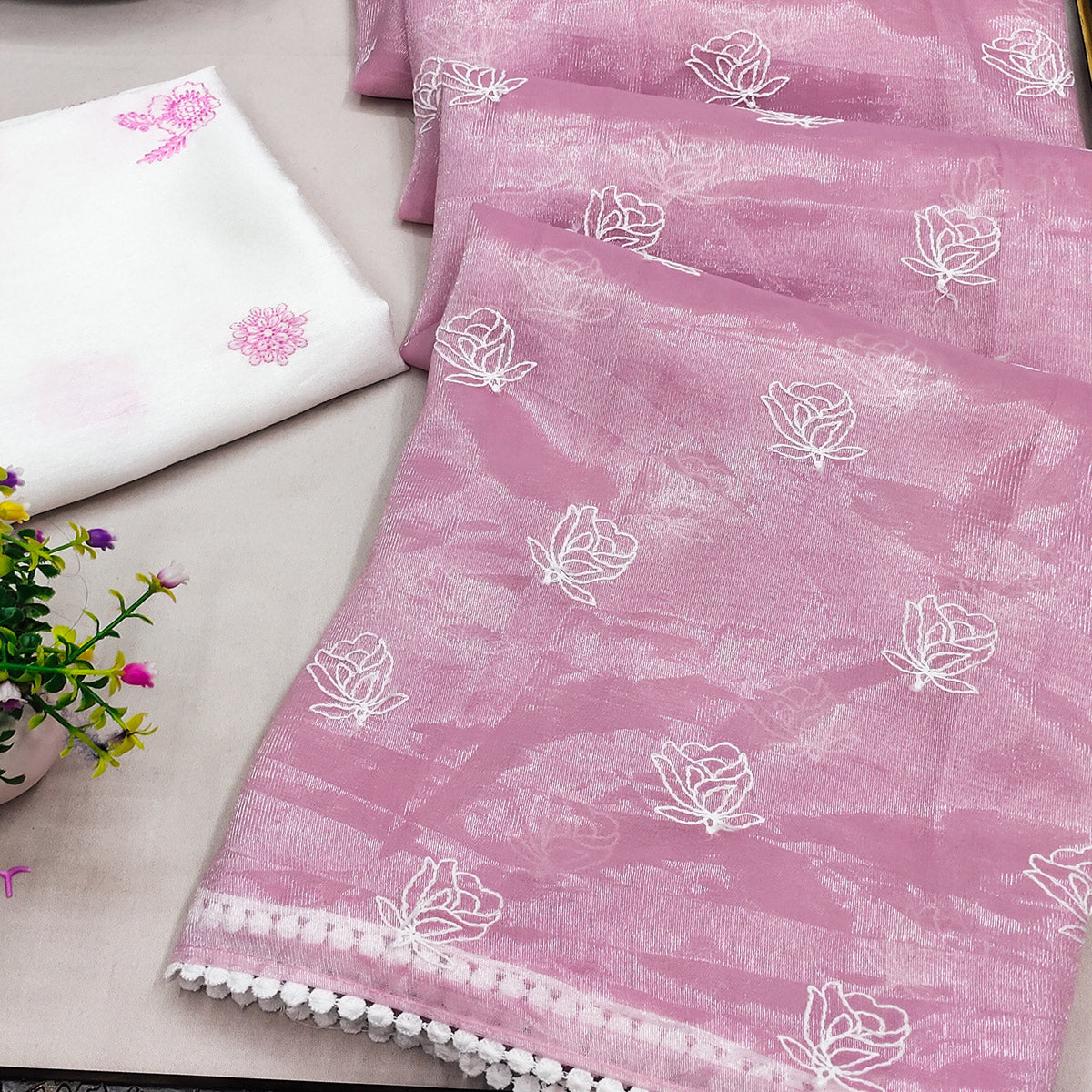 Pink Embroidered Net Saree