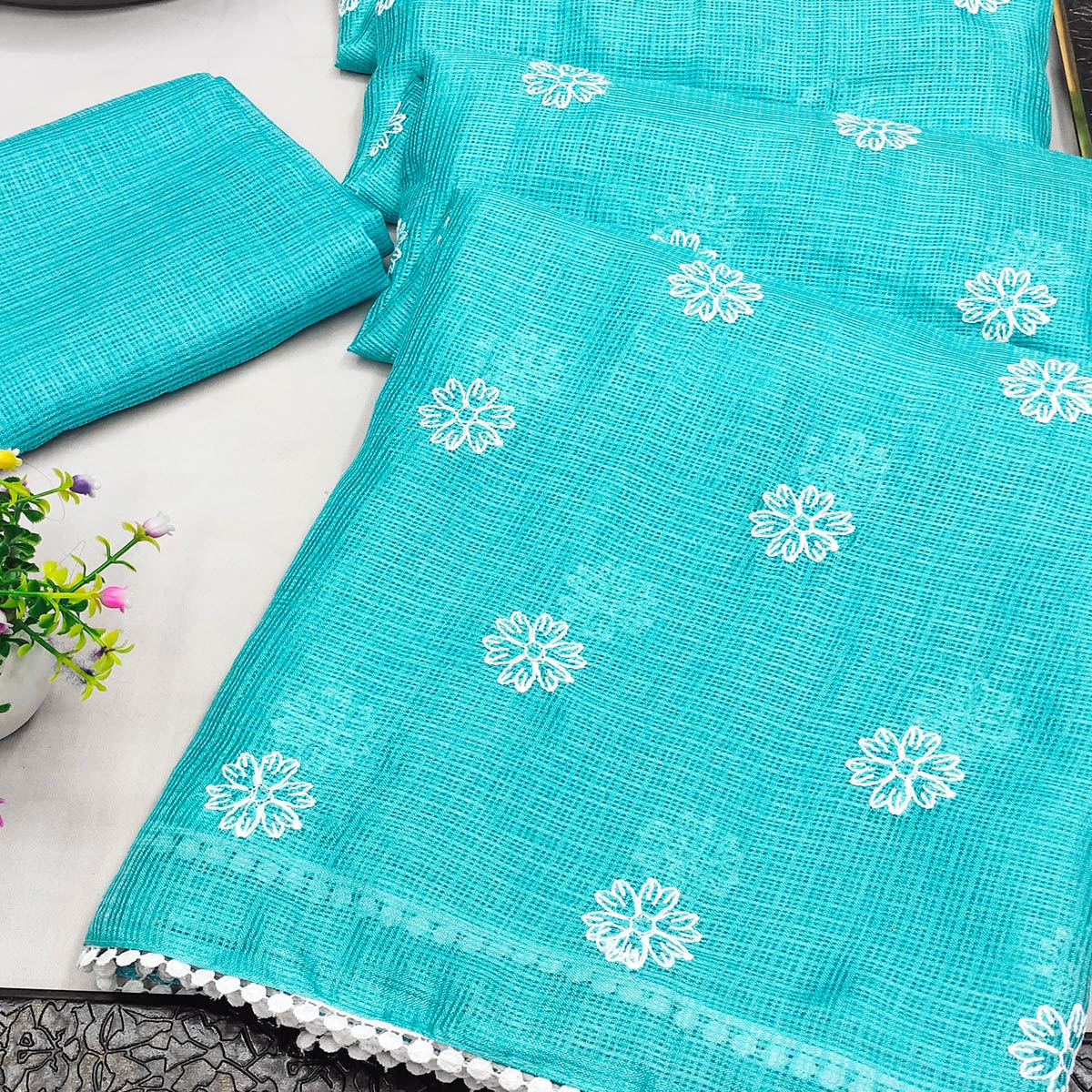 Turquoise Embroidered Net Saree