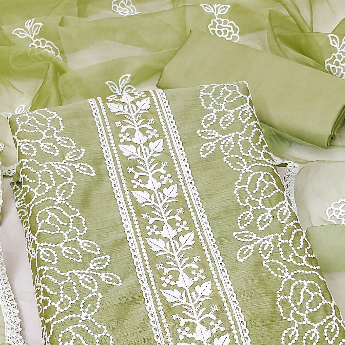 Green Floral Embroidered Chanderi Dress Material
