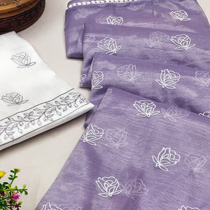 Lavender Floral Embroidered Net Saree