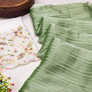 Green Solid Woven Chiffon Saree With Lace Border