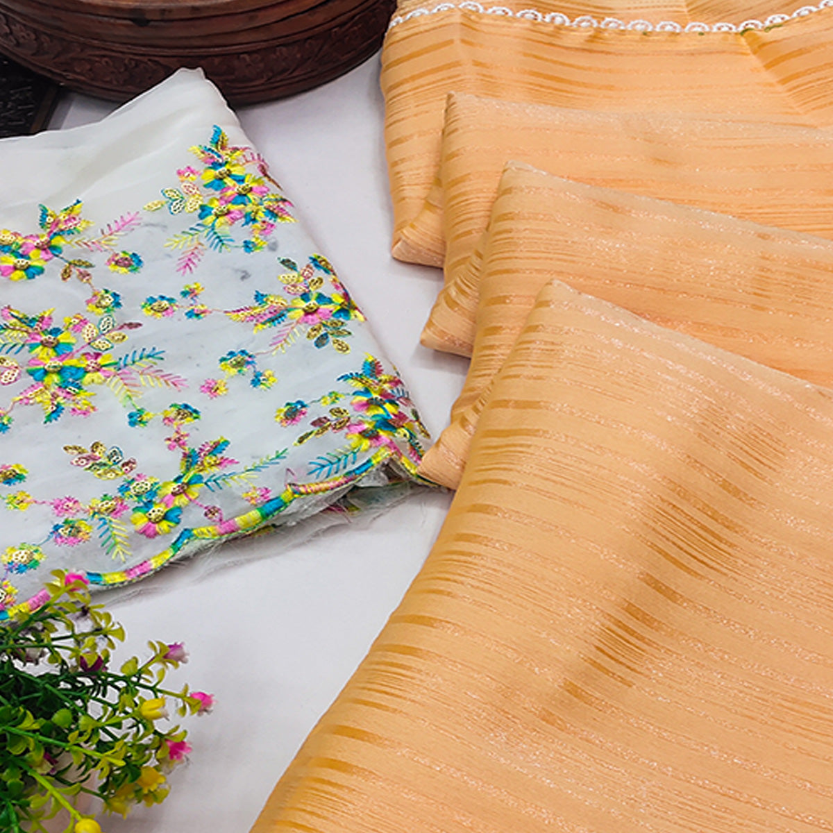 Orange Solid Woven Chiffon Saree With Lace Border