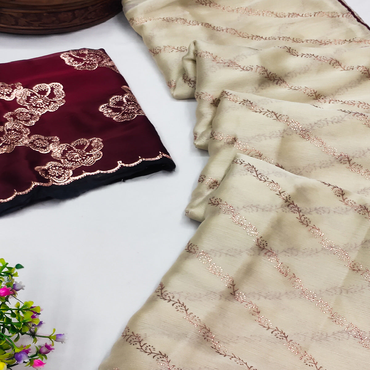 Beige Foil Printed Chiffon Saree With Embroidered Border