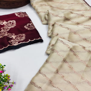 Beige Foil Printed Chiffon Saree With Embroidered Border