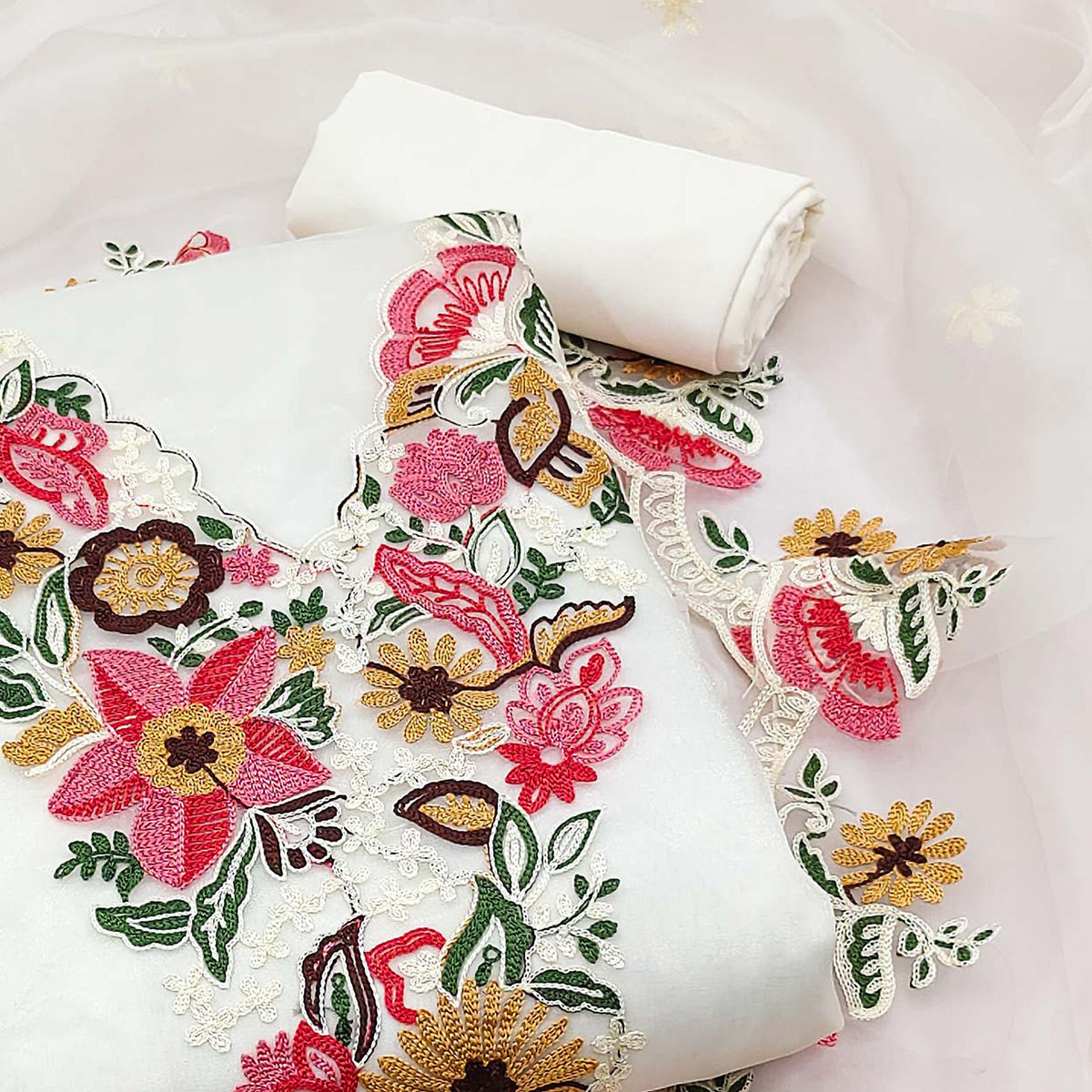 White Floral Embroidered Organza Dress Material