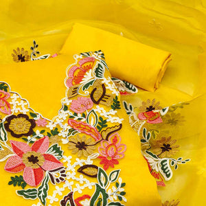 Yellow Floral Embroidered Organza Dress Material